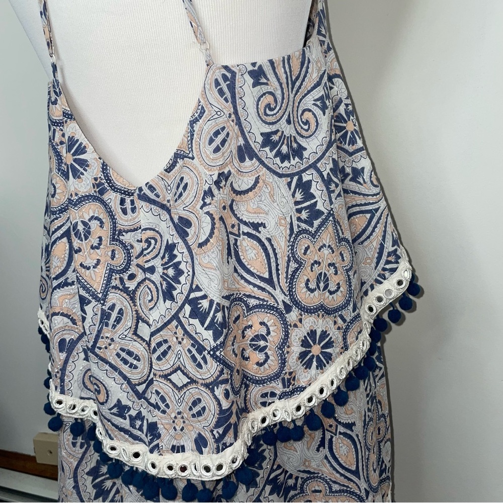 Tularosa Evolette Blue & White Paisley Pom-Pom Metallic Thread Mini Dress Size M - Picture 10 of 16